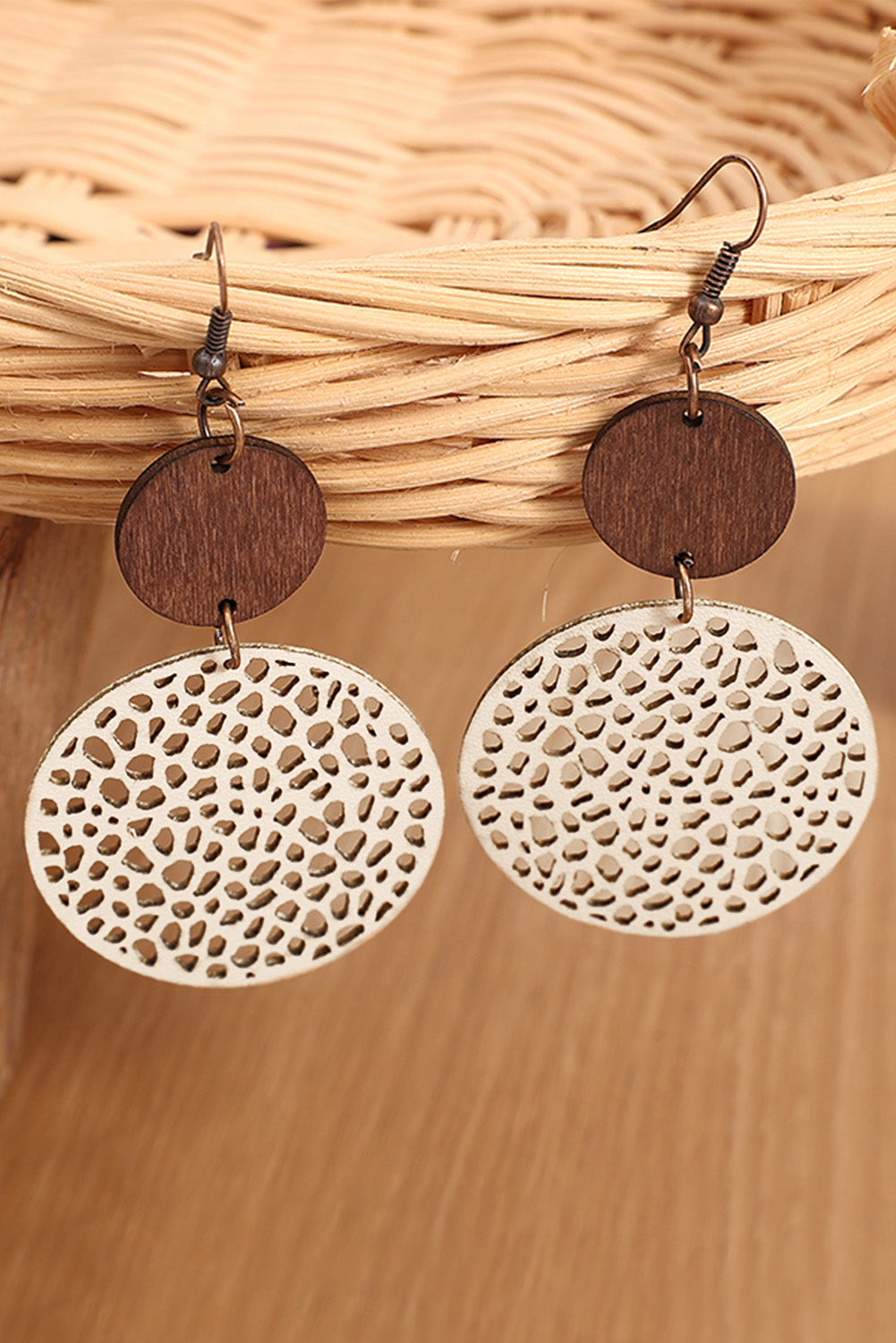 Beige Hollow Out Wooden Round Drop Earrings Jewelry JT's Designer Fashion