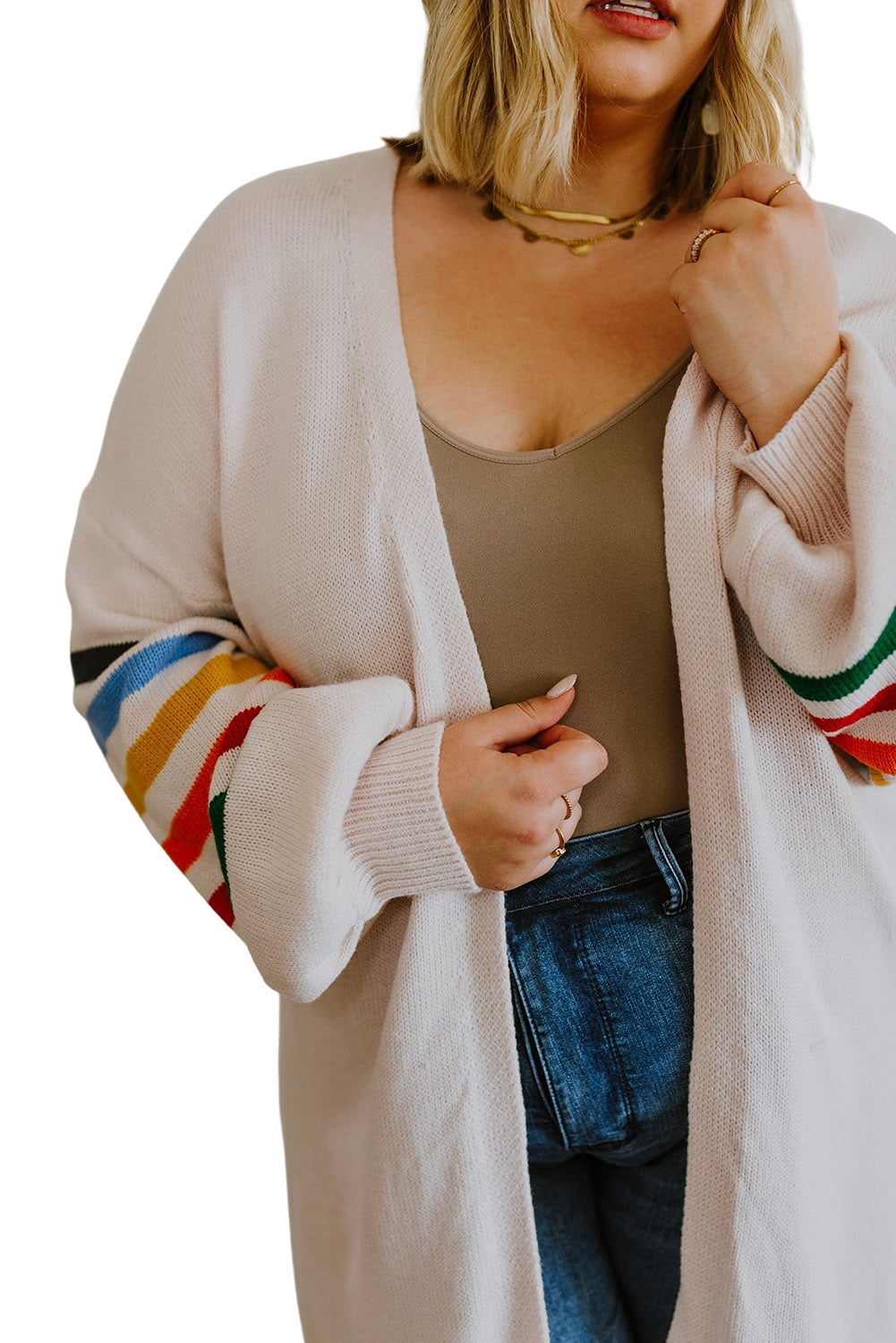 White Plus Size Rainbow Sleeve Open Front Long Cardigan Plus Size JT's Designer Fashion