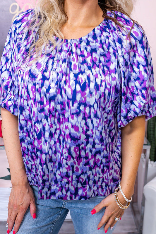 Purple Plus Size Printed Round Neck Bubble Sleeve Blouse Plus Size Tops JT's Designer Fashion