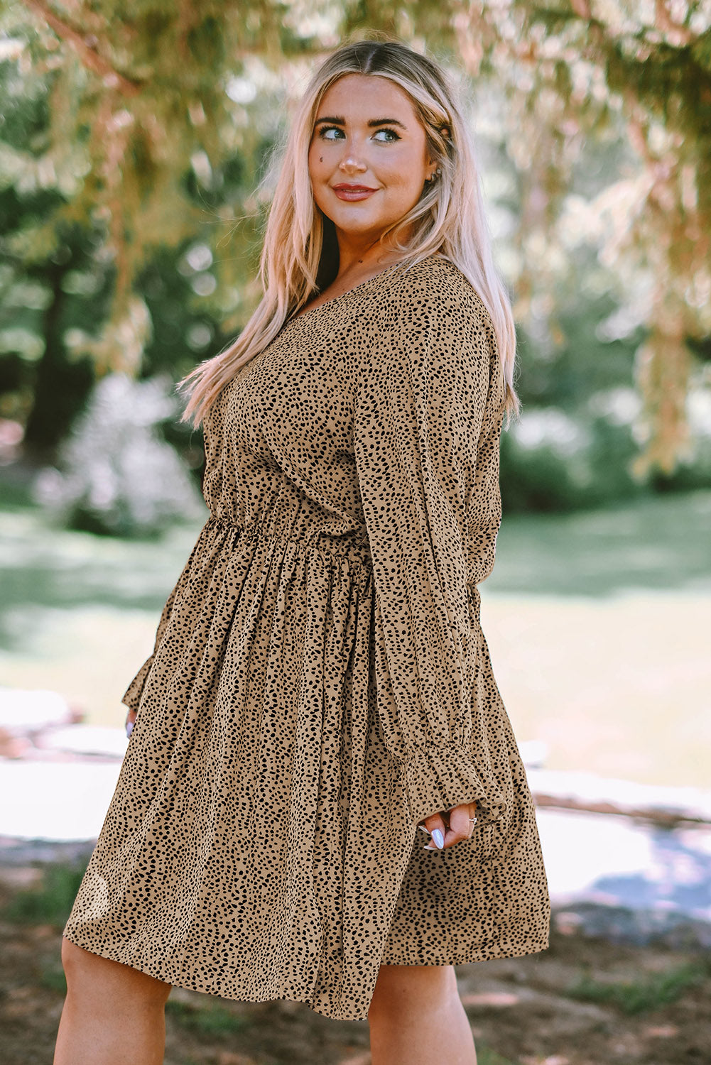 Khaki Plus Size Ruffled Long Sleeve Animal Spotted Print Dress Plus Size Dresses JT's Designer Fashion