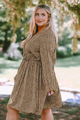 Khaki Plus Size Ruffled Long Sleeve Animal Spotted Print Dress Plus Size Dresses JT's Designer Fashion