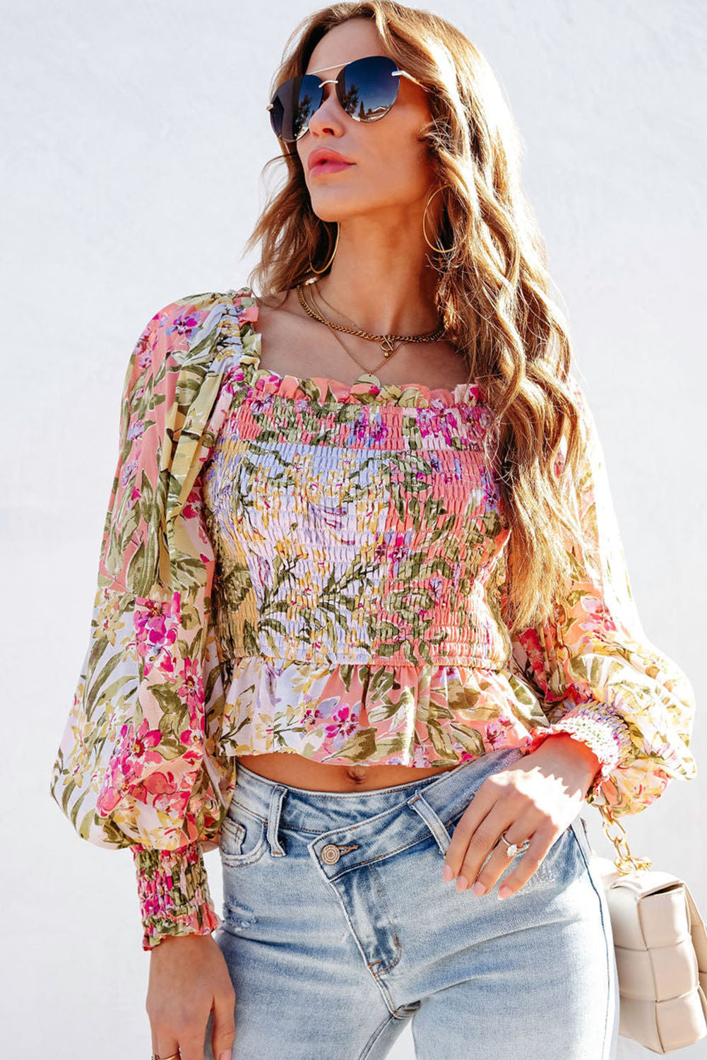 Multicolor Square Neck Ruffled Frilled Trim Floral Blouse Tops & Tees JT's Designer Fashion