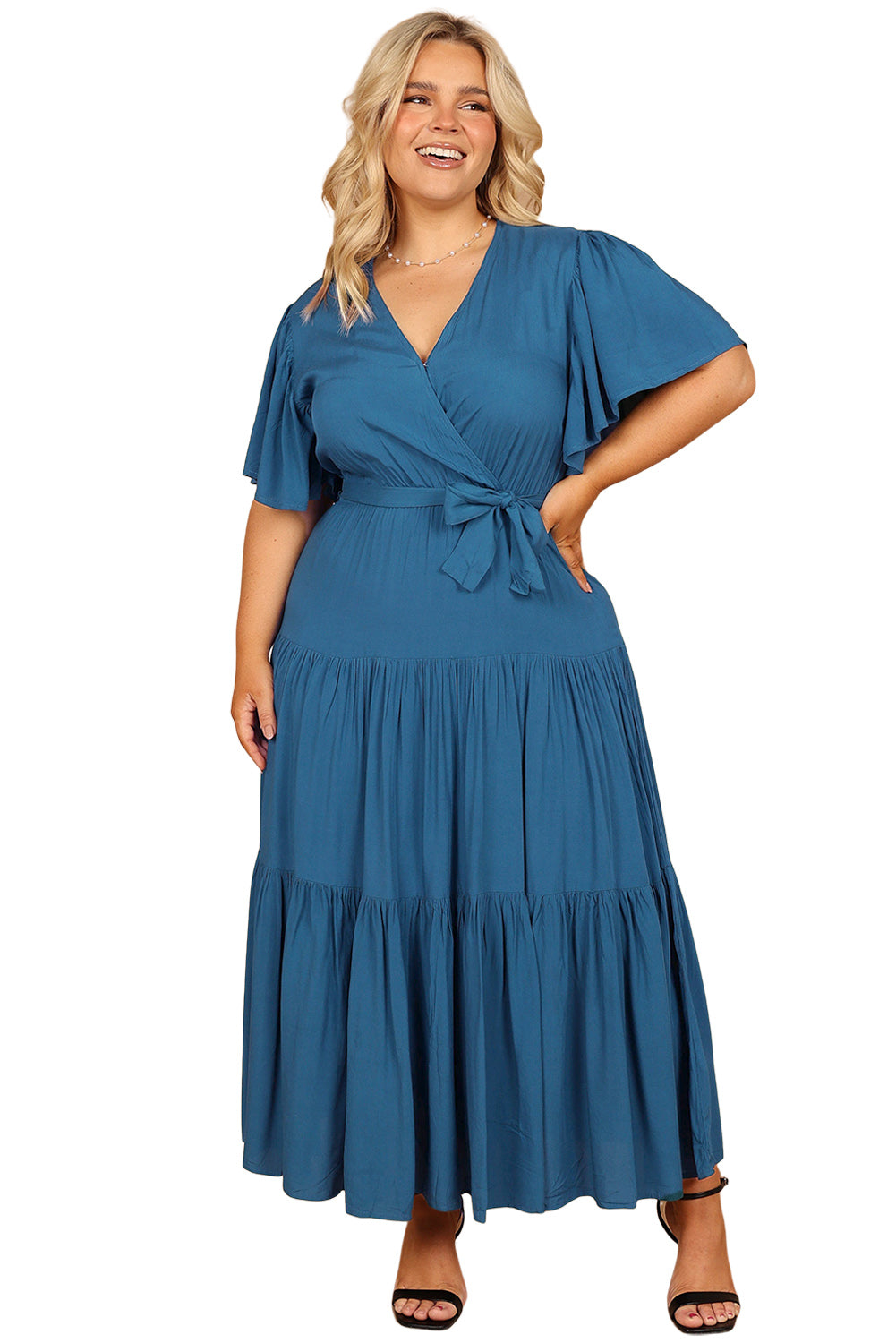 Green Plus Size Pleated Lace-up V Neck Wrap Maxi Dress Plus Size Dresses JT's Designer Fashion