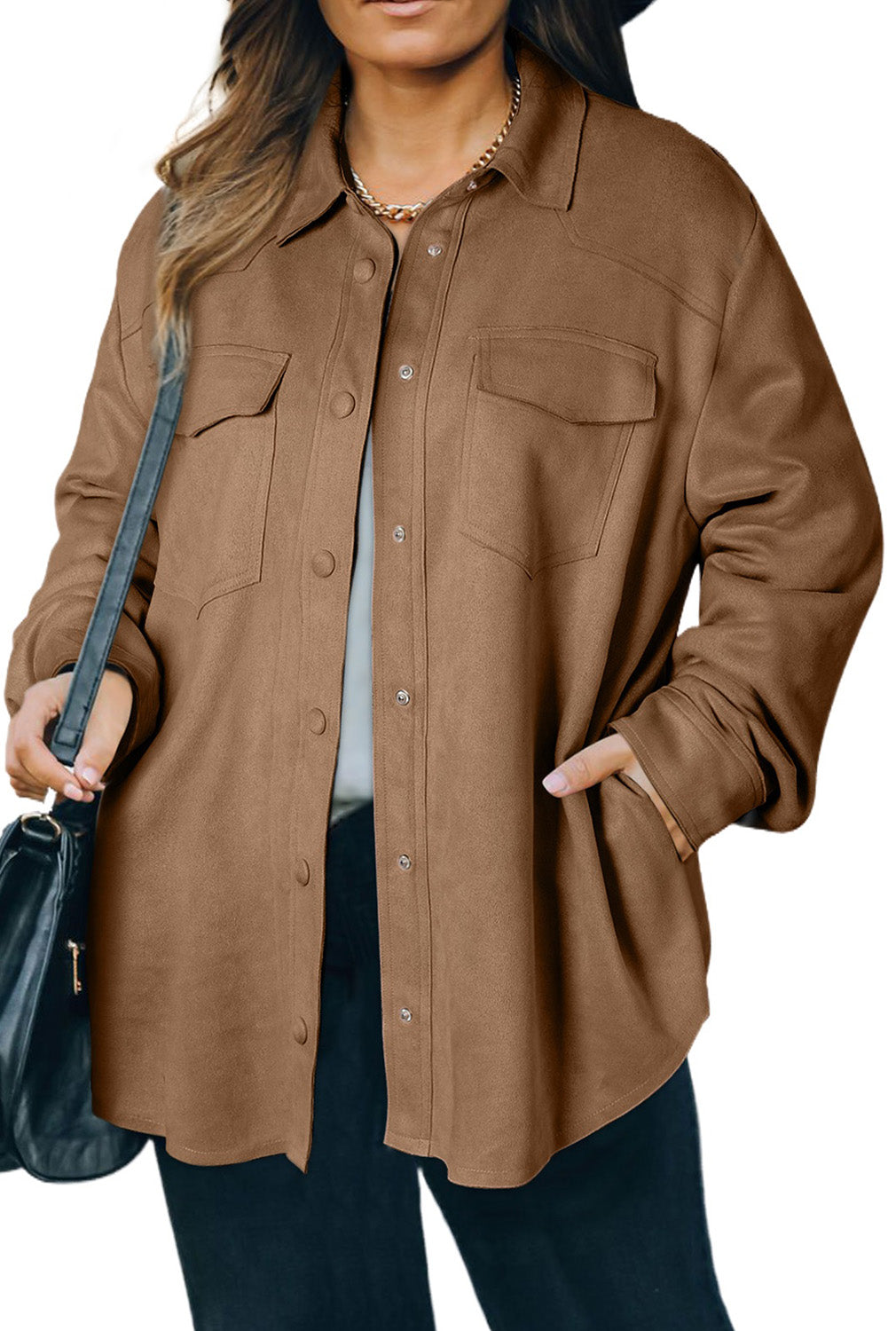 Khaki Faux Suede Flap Pocket Plus Size Jacket Plus Size JT's Designer Fashion