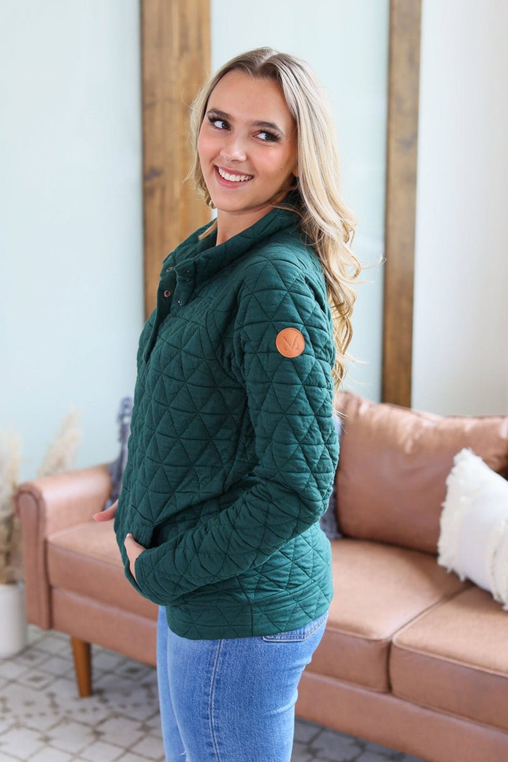 Blackish Green Quarter Buttoned Pocketed Quilted Plus Size Hoodie Plus Size JT's Designer Fashion