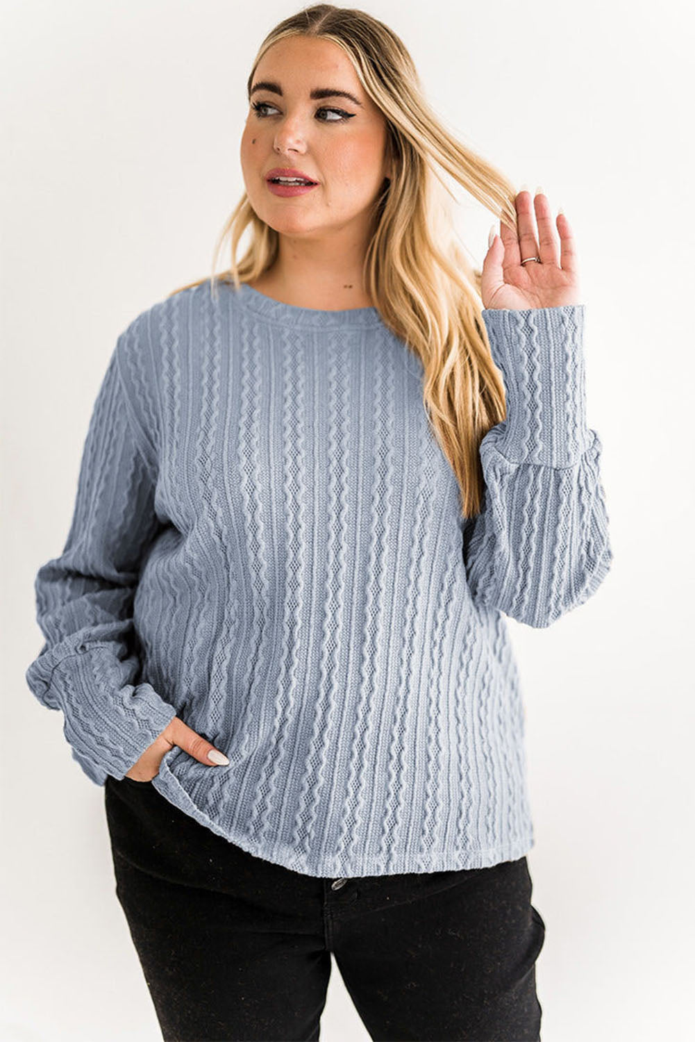 Sky Blue Subtle Cable Knit Plus Size Jumper Plus Size JT's Designer Fashion