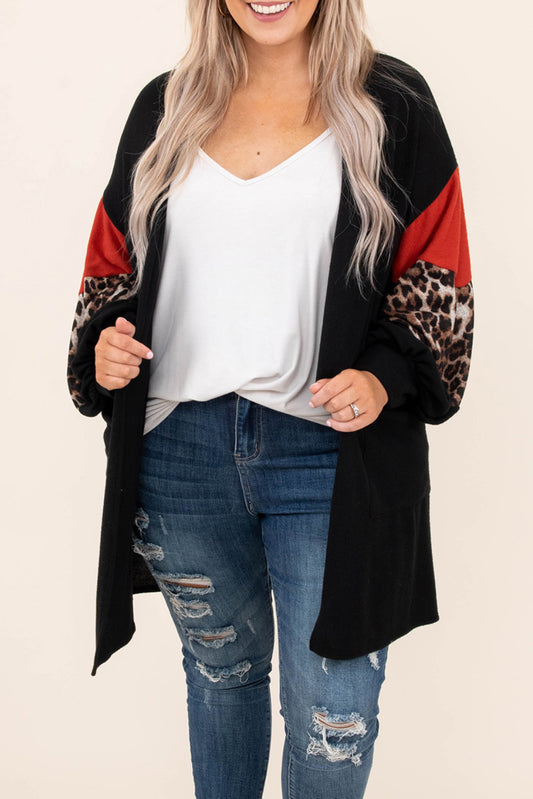 Black Leopard Color Block Sleeve Plus Size Cardigan Plus Size Tops JT's Designer Fashion