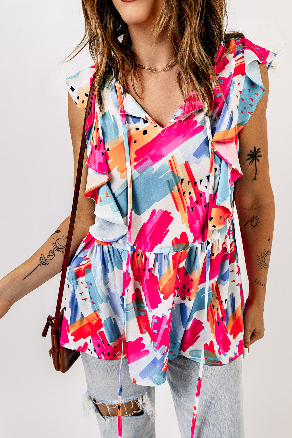 Multicolor Abstract Print V Neck Ruffled Tank Multicolor 100%Polyester Tank Tops JT's Designer Fashion