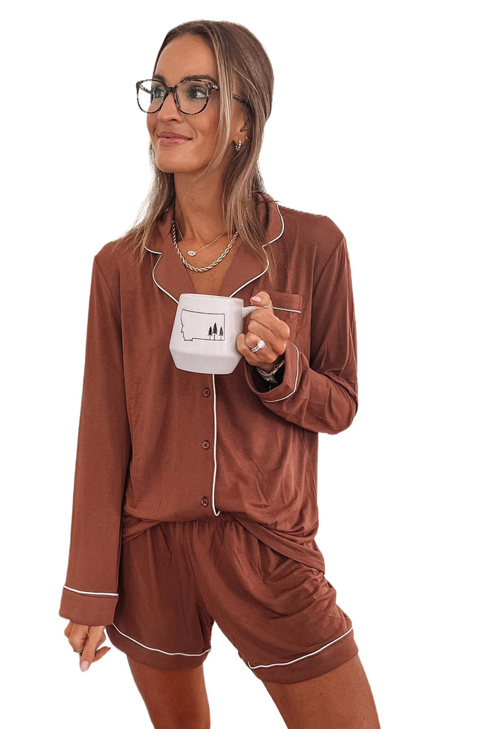 Brown Buttoned Long Sleeve Shirt and Shorts Two Piece Sleepwear Loungewear JT's Designer Fashion