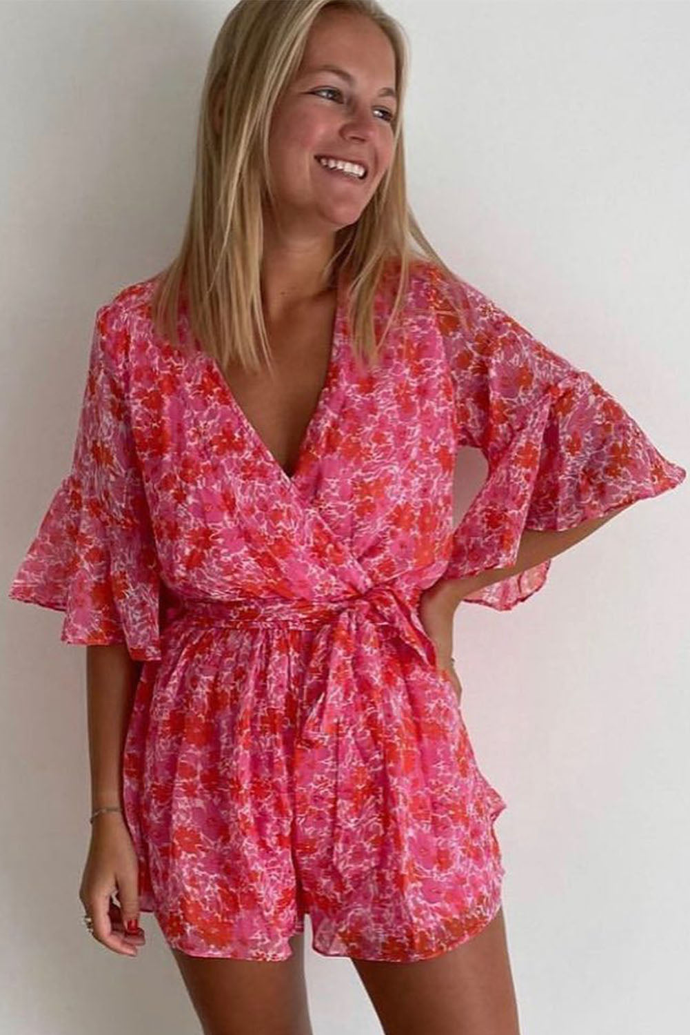 Pink V Neck Ruffled Sleeve Floral Romper Jumpsuits & Rompers JT's Designer Fashion