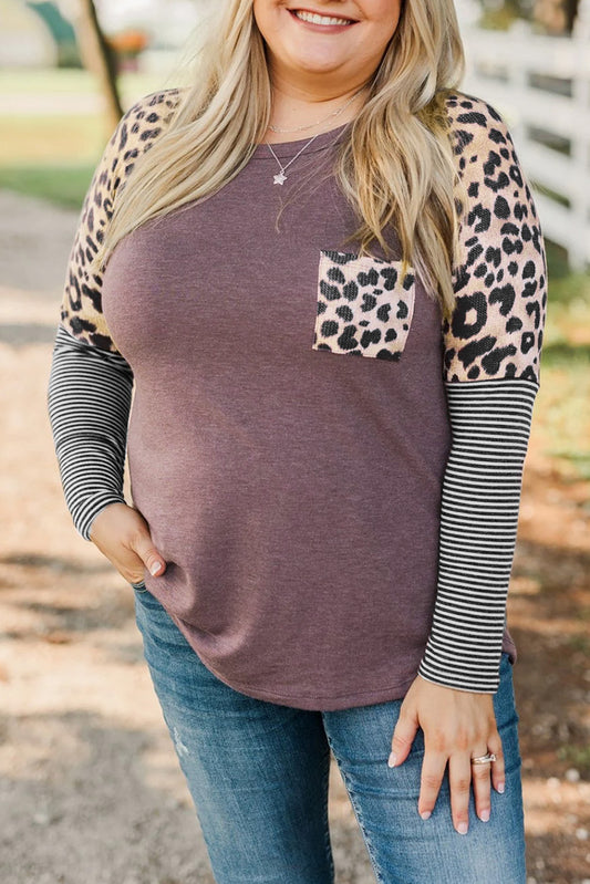 Brown Plus Size Leopard Pocket Top Plus Size Tops JT's Designer Fashion