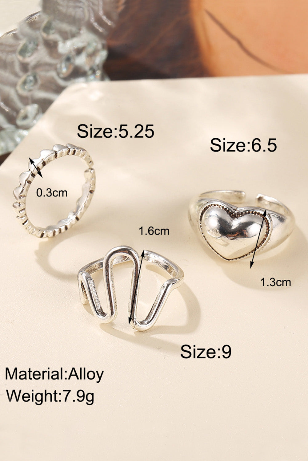 Silver 3 pieces Peach Heart Ring Open Joint Ring Set Jewelry JT's Designer Fashion