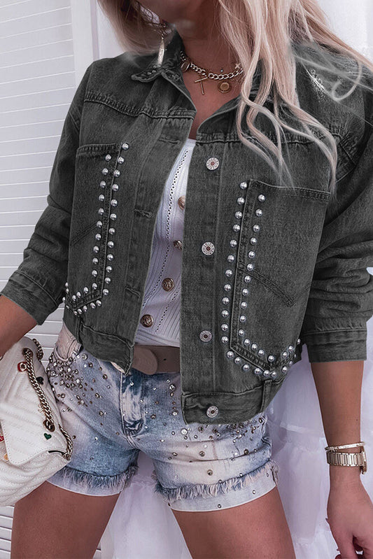 Black Sky Blue Rivet Studded Pocketed Denim Jacket Denim jackets JT's Designer Fashion