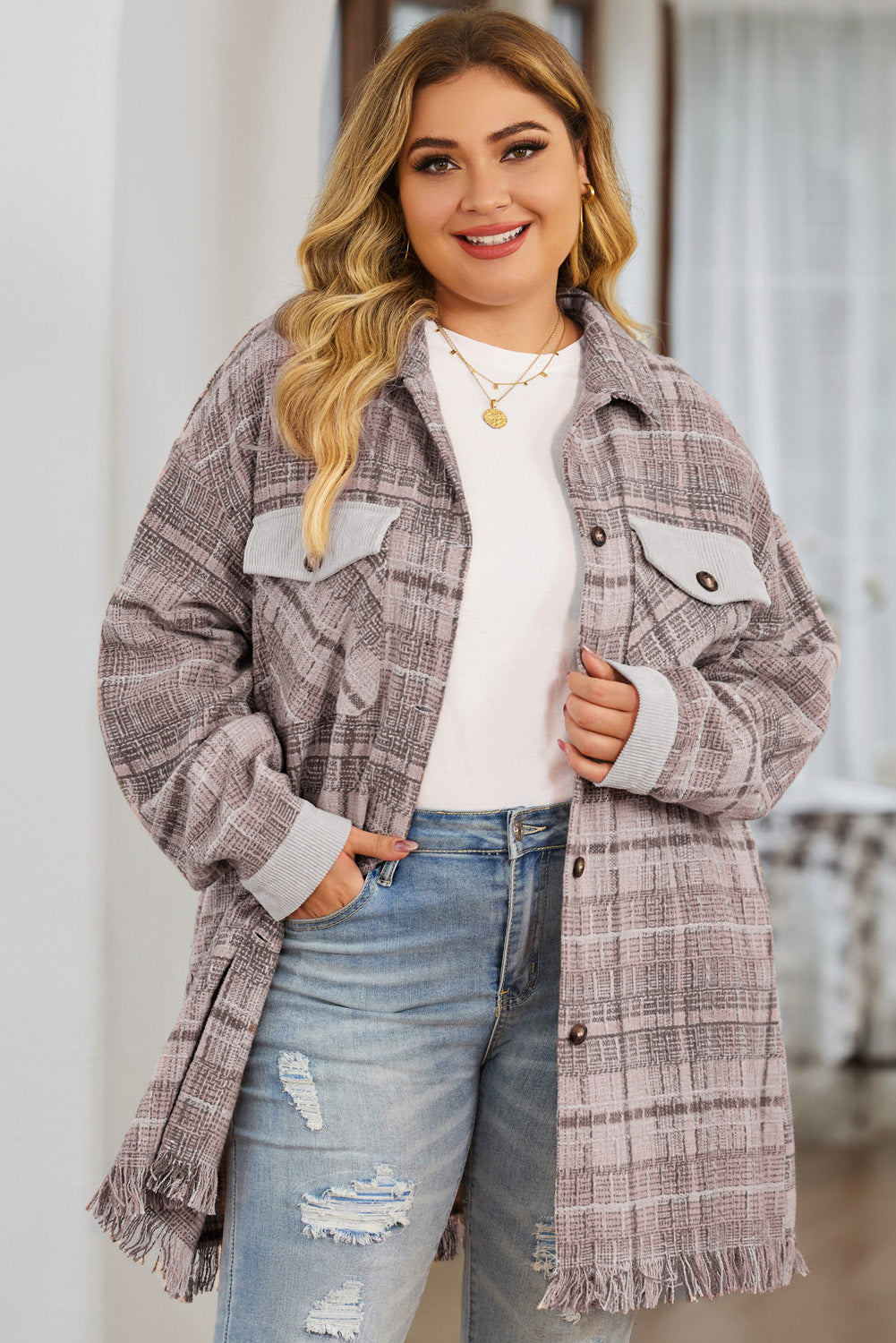 Pink Plus Size Plaid Tassel Hem Coat Plus Size JT's Designer Fashion