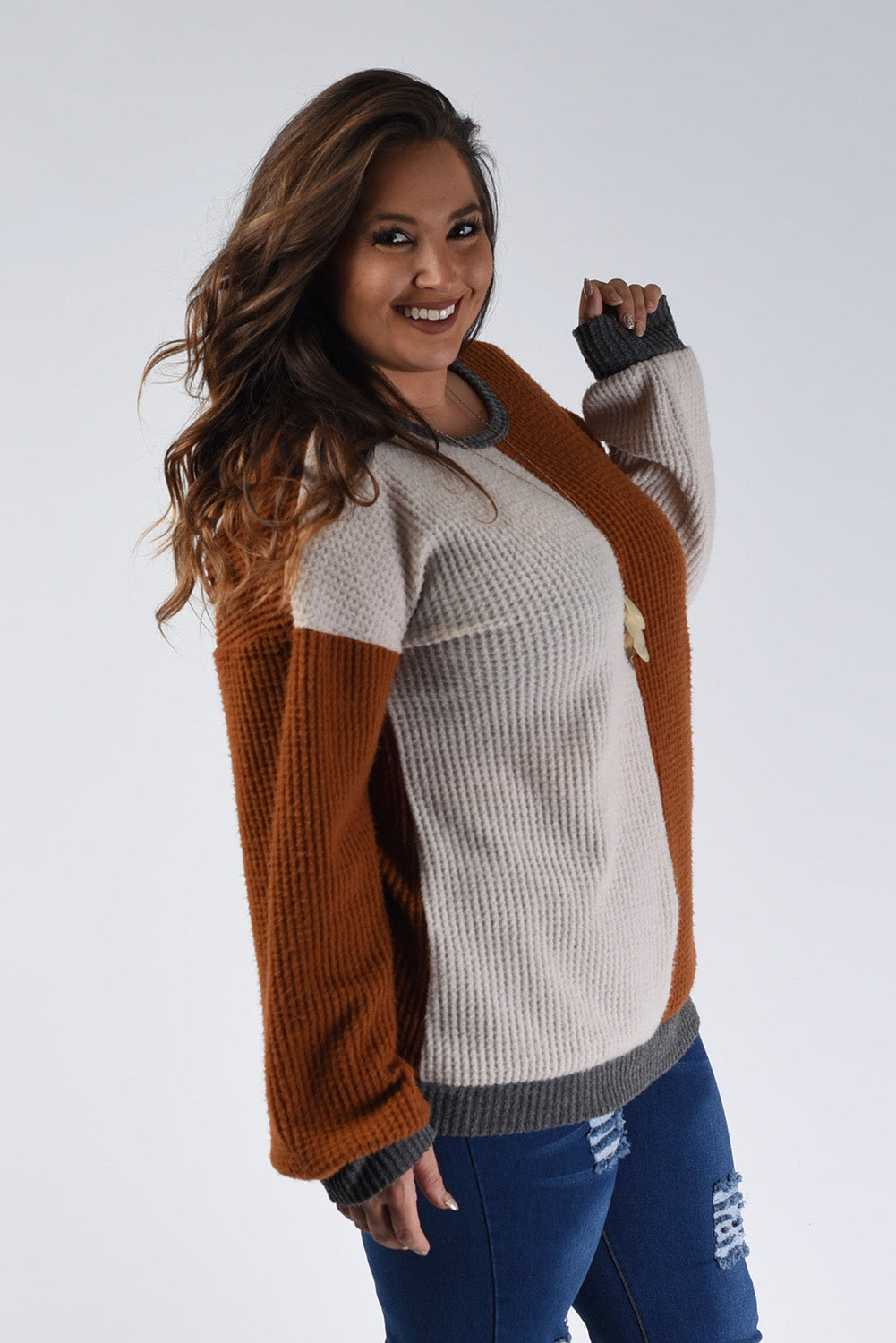 Chestnut Color Block Waffle Knit Drop Sleeve Plus Size Top Plus Size JT's Designer Fashion