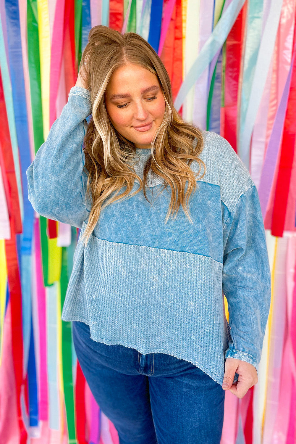 Sky Blue Plus Size Waffle Knit Patchwork Drop Shoulder Top Plus Size JT's Designer Fashion