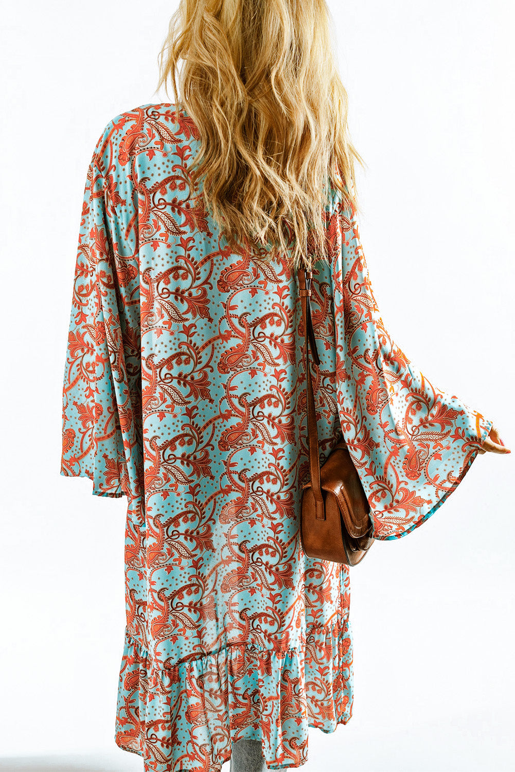 Sky Blue Boho Retro Floral Print Long Sleeve Oversized Kimono Kimonos JT's Designer Fashion