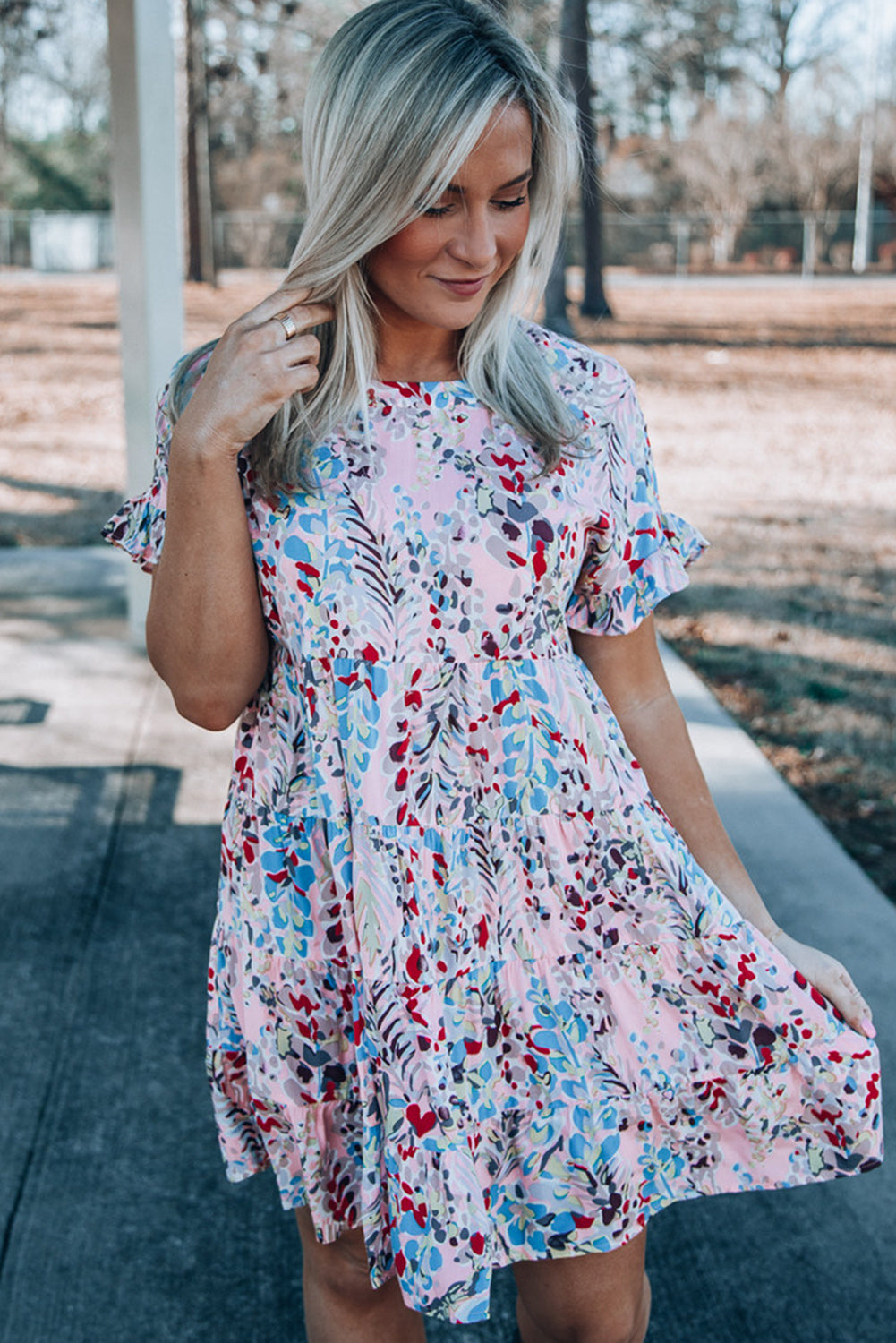 Pink Short Sleeves Floral Print Tiered Ruffled Dress Floral Dresses JT's Designer Fashion