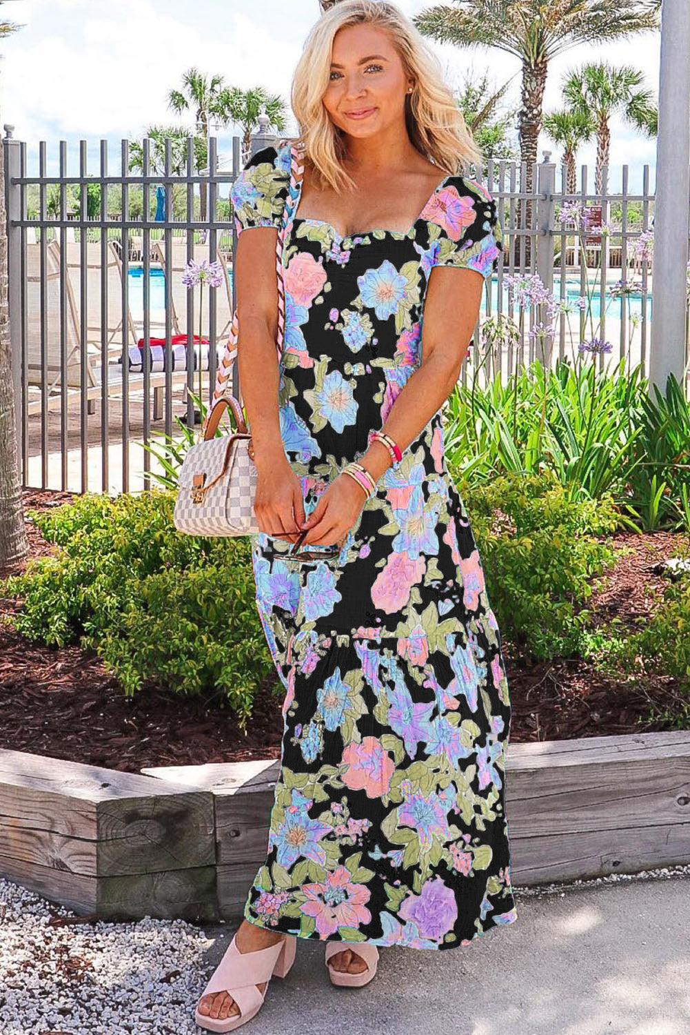 Black Multicolor Square Neck Puff Sleeve Tiered Floral Maxi Dress Dresses JT's Designer Fashion