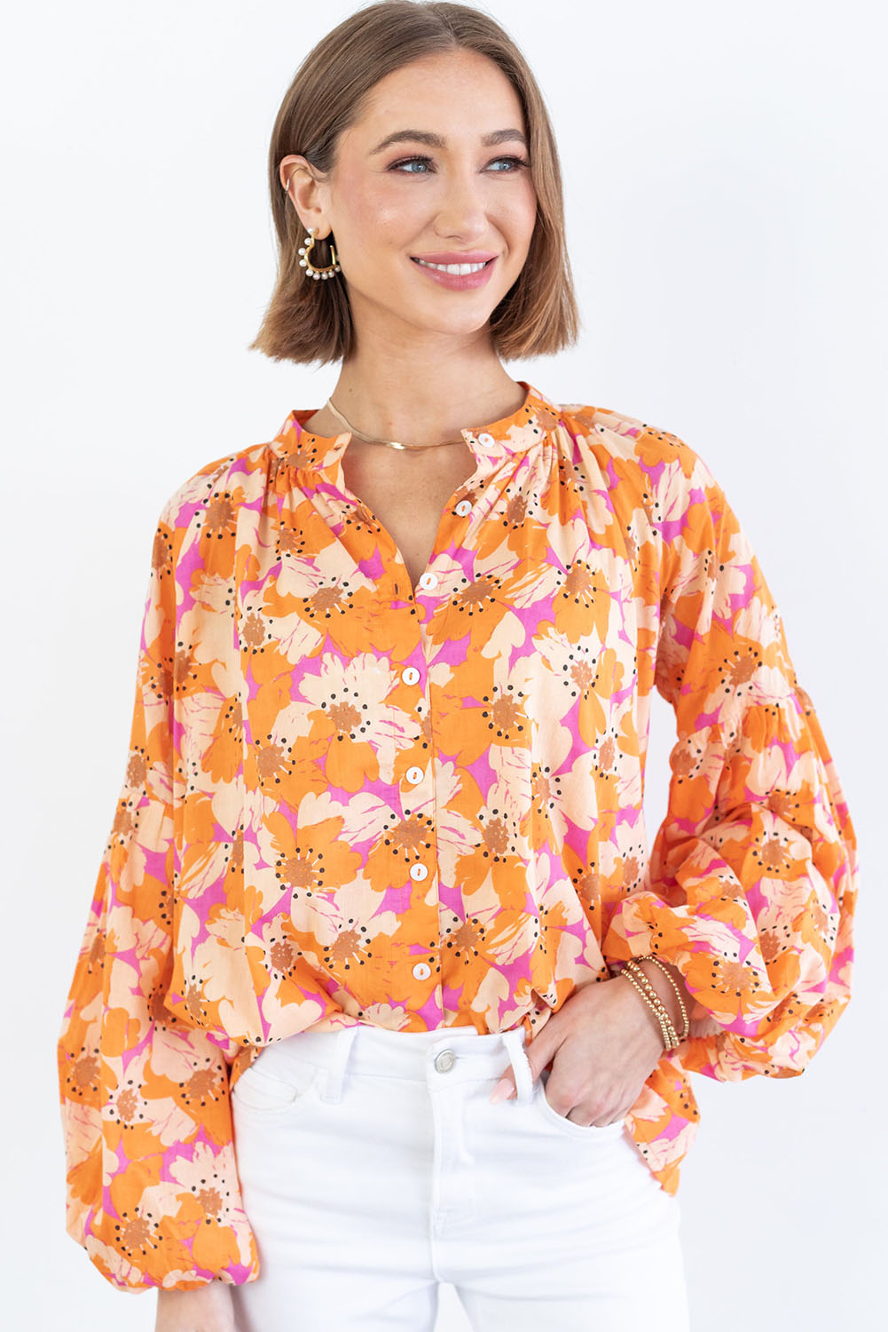 Orange Floral Print Loose Sleeve Shirt Tops & Tees JT's Designer Fashion