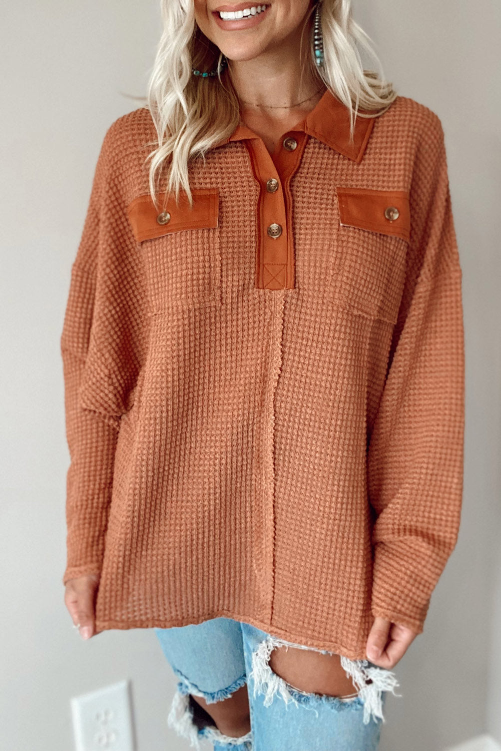 Brown Waffle Knit Button Contrast Trim Long Sleeve Top Tops & Tees JT's Designer Fashion