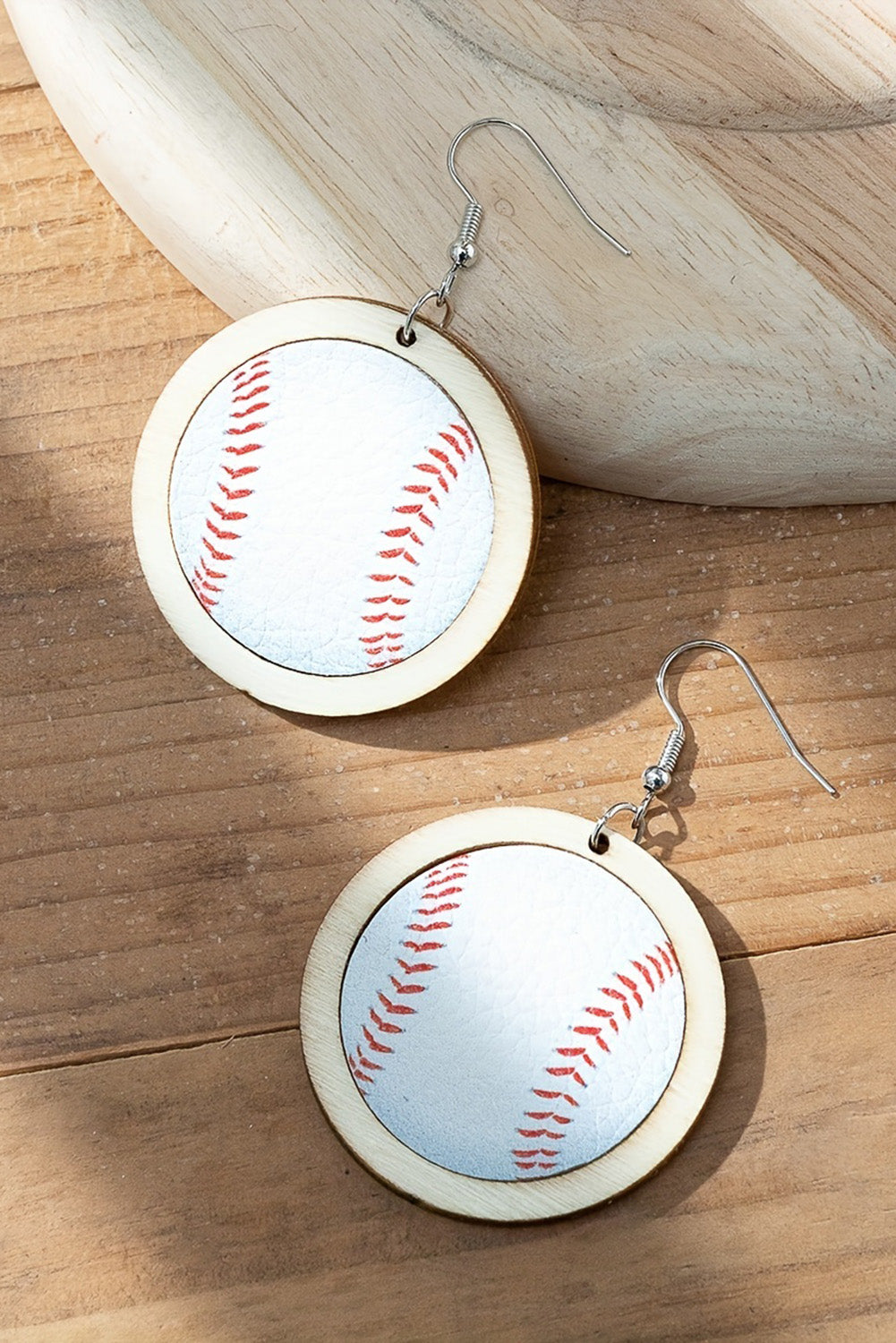 Bright White Wooden Leather Inset Baseball Earrings Jewelry JT's Designer Fashion