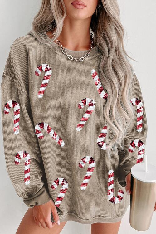 Sequin Candy Cane Round Neck Sweatshirt Camel Graphic Sweatshirts JT's Designer Fashion