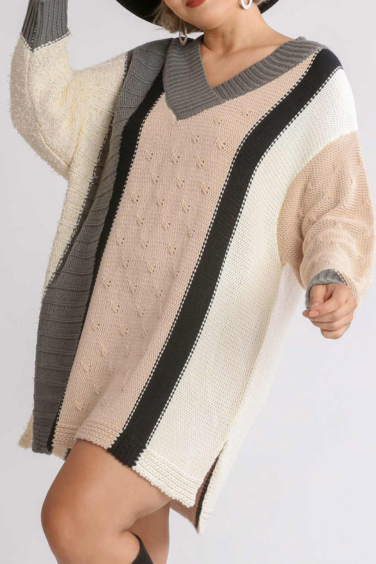 Apricot Mix Pattern Knit Color Block Plus Size Sweater Dress Plus Size JT's Designer Fashion