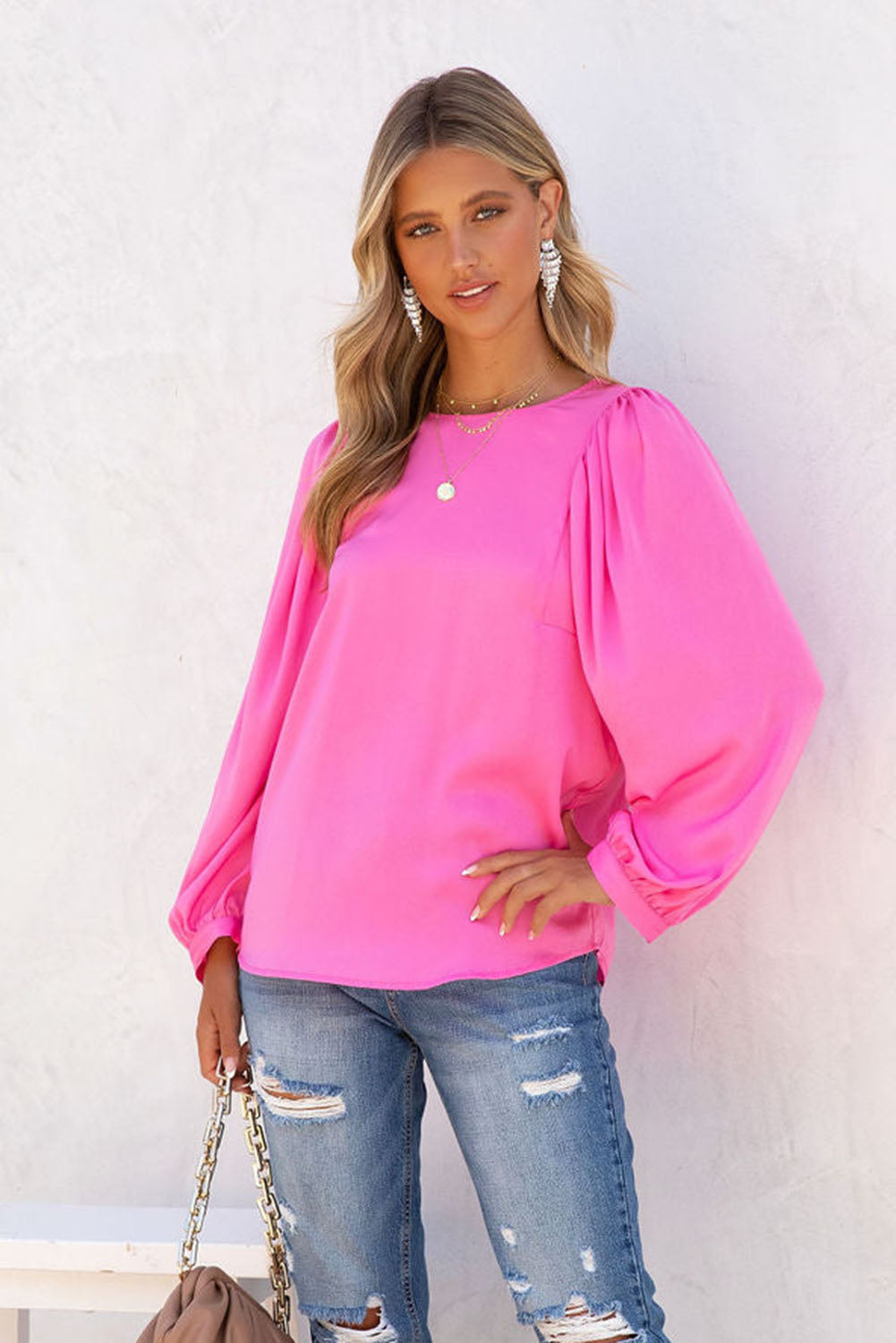 Barbie Style Pink Satin Puff Long Sleeve Crewneck Blouse Tops & Tees JT's Designer Fashion