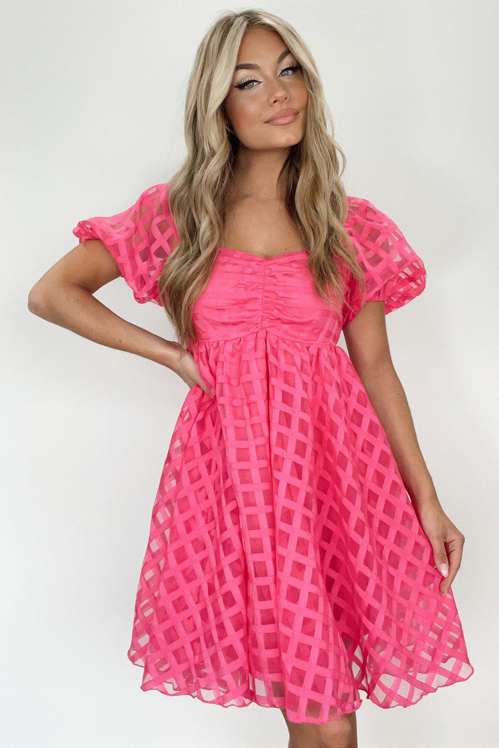 Strawberry Pink Checkered Mesh Puff Sleeve Babydoll Mini Dress Dresses JT's Designer Fashion