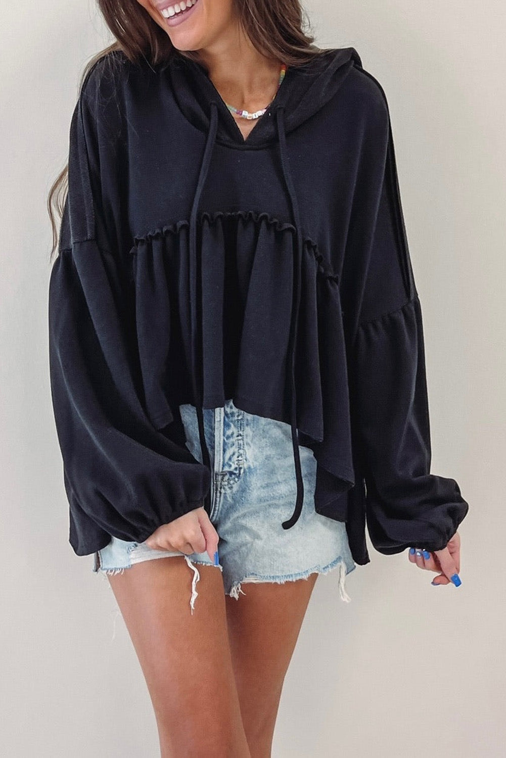 Black Oversized Ruffled High Low Hem Drop Shoulder Hoodie Tops & Tees JT's Designer Fashion