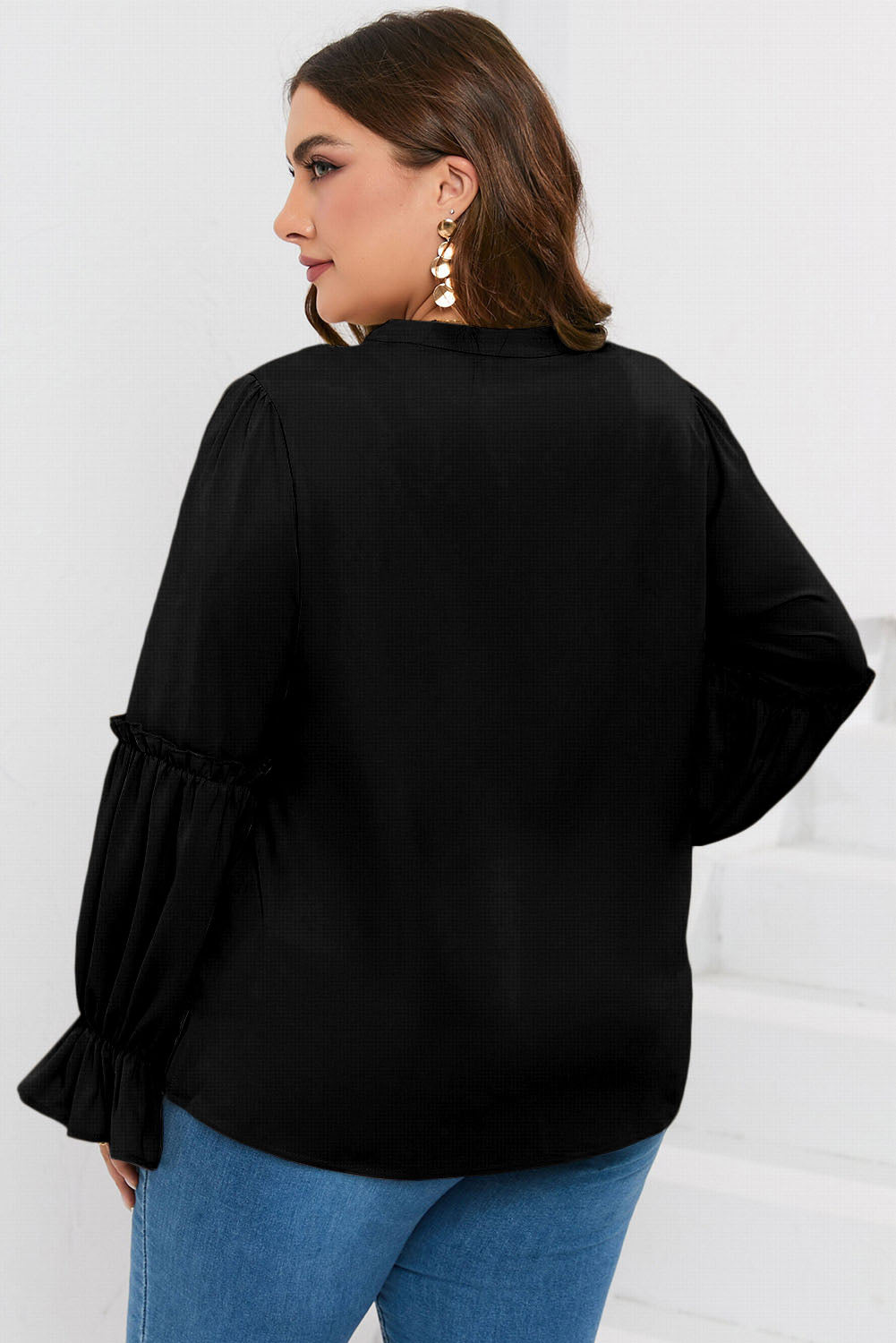 Black Plus Size Split Neck Ruffle Sleeve Blouse Plus Size JT's Designer Fashion