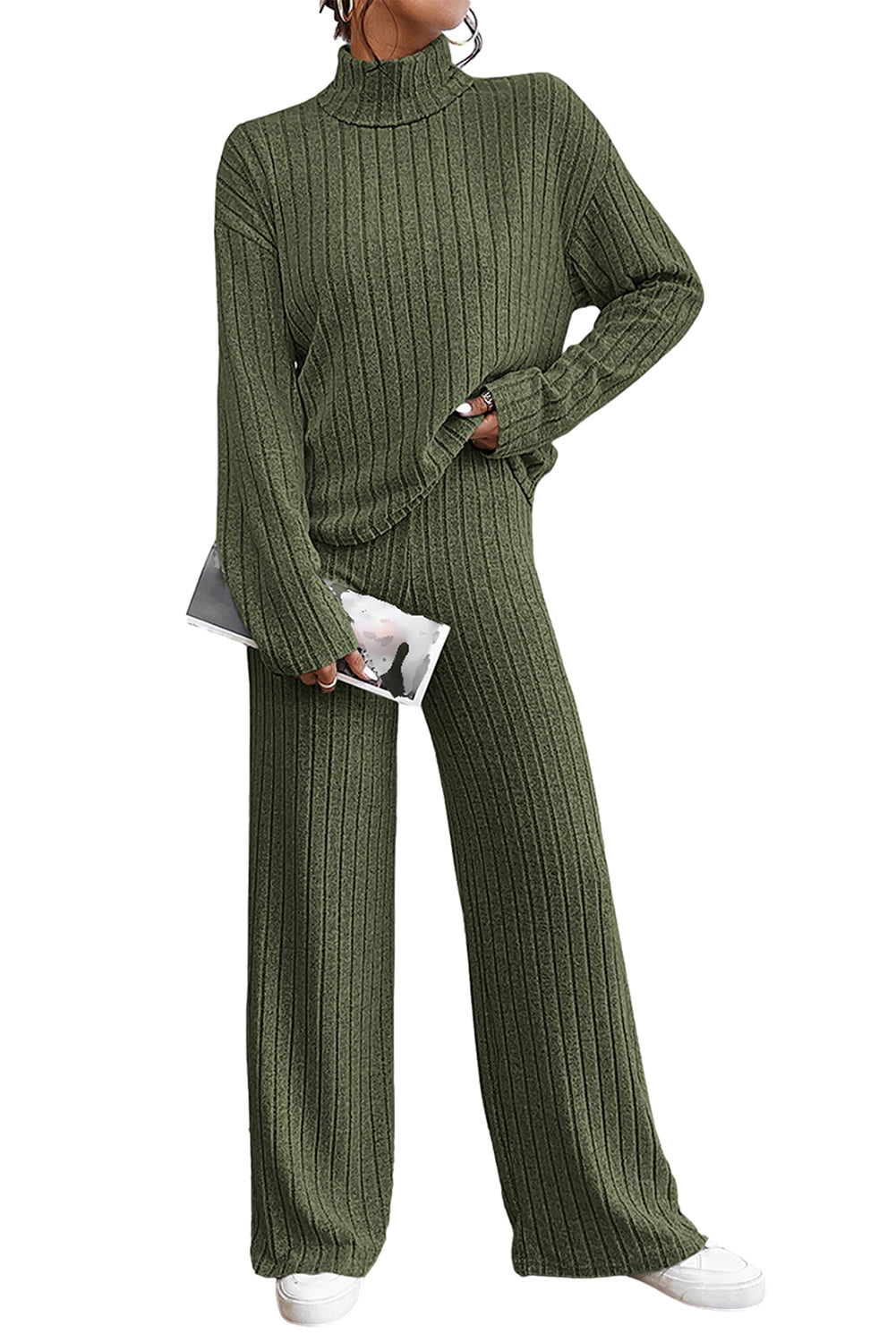 Jungle Green Ribbed Knit High Neck Loose Top and Pants Set Bottoms JT's Designer Fashion