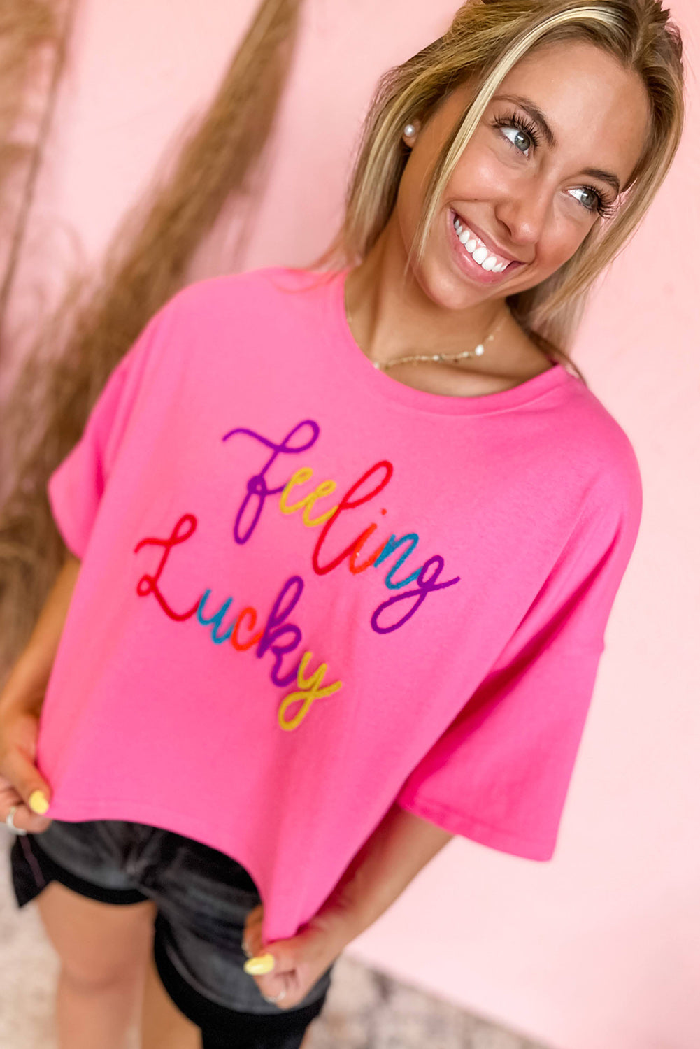 Bonbon Feeling Lucky Embroidered Half Sleeve T Shirt Tops & Tees JT's Designer Fashion