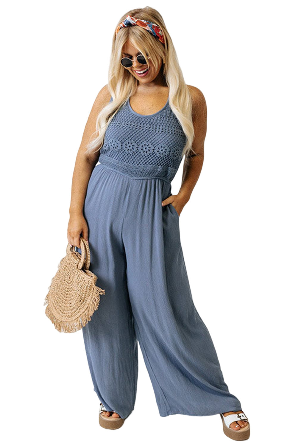 Blue Tie Back Crochet Tank Casual Plus Size Jumpsuit Plus Size Bottoms JT's Designer Fashion