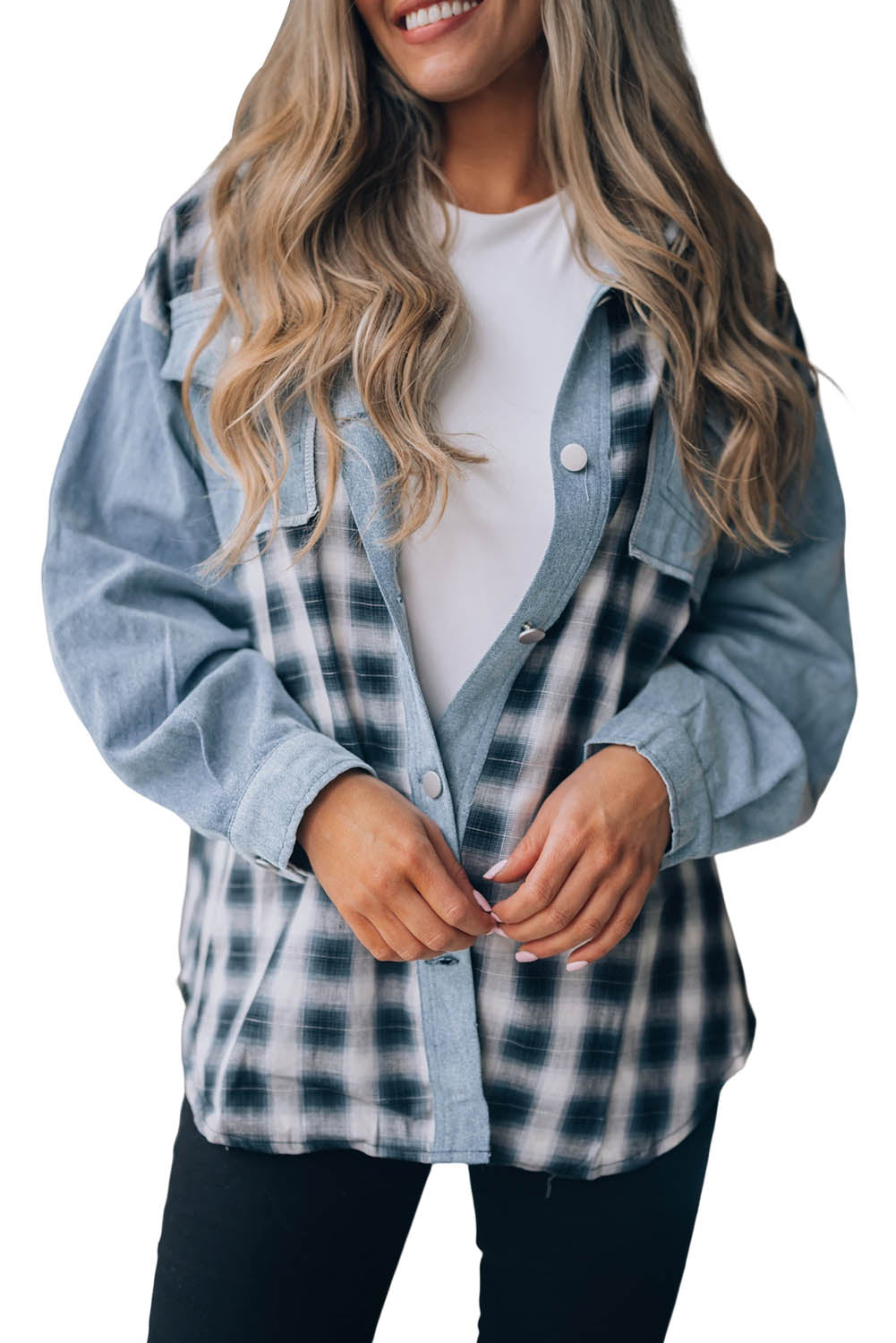 Sky Blue Plaid Patch Buttoned Flap Pocket Denim Jacket Denim jackets JT's Designer Fashion