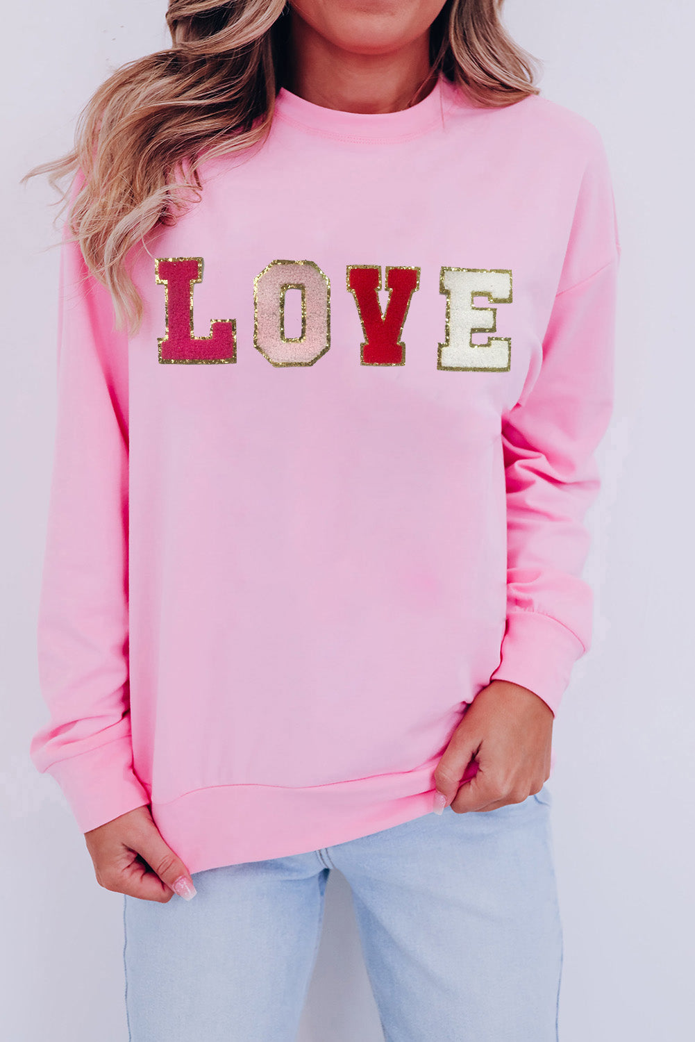 Pink Valentine LOVE Patch Sweatshirt Pink 70%Polyester+30%Cotton Graphic Sweatshirts JT's Designer Fashion