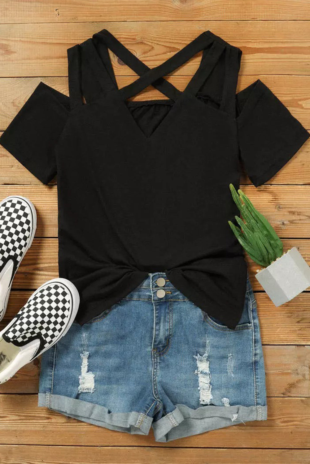 Black Criss-Cross Cut Out Short Sleeve Top Tops & Tees JT's Designer Fashion