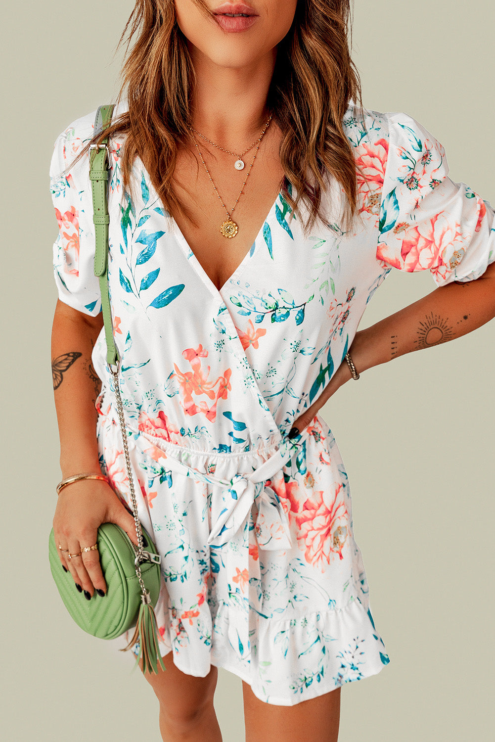 Floral Print Puff Sleeves Romper Jumpsuits & Rompers JT's Designer Fashion