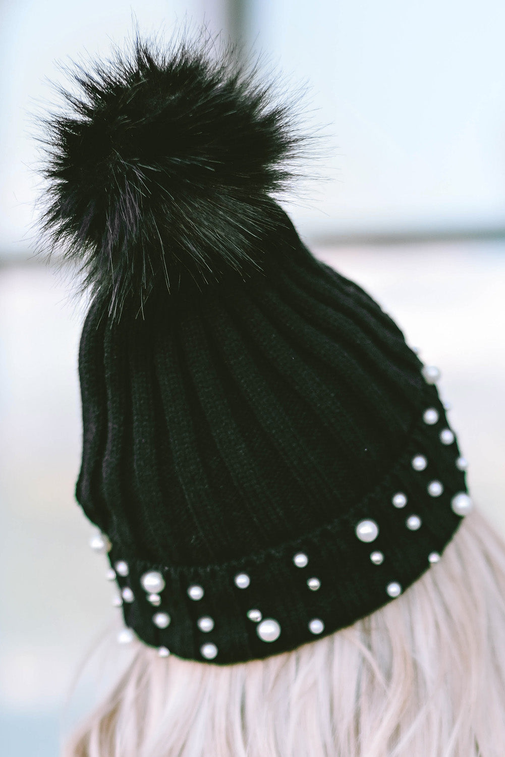 Black Faux Pearl & Pompom Decor Cuff Beanie Hats & Caps JT's Designer Fashion