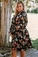 Black Plus Size Drawstring Long Sleeve Floral Dress Plus Size Dresses JT's Designer Fashion