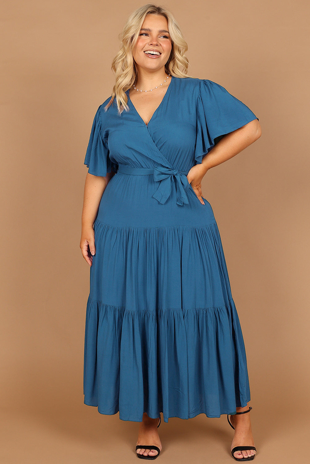 Green Plus Size Pleated Lace-up V Neck Wrap Maxi Dress Plus Size Dresses JT's Designer Fashion