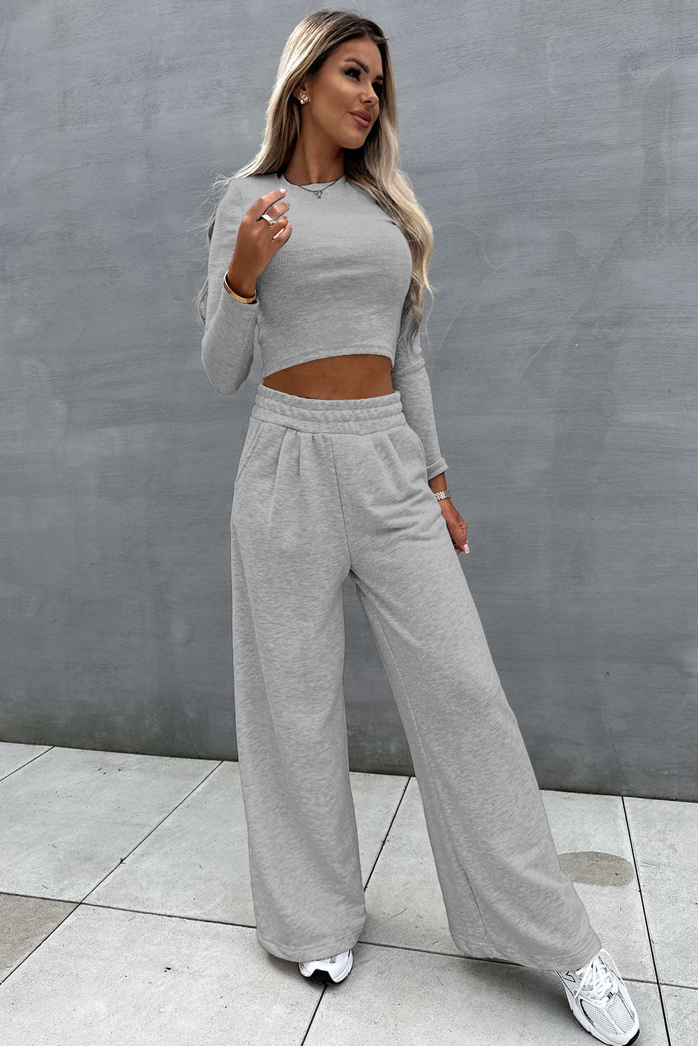 Gray Crop Top and Wide Leg Pants Two Piece Set Bottoms JT's Designer Fashion