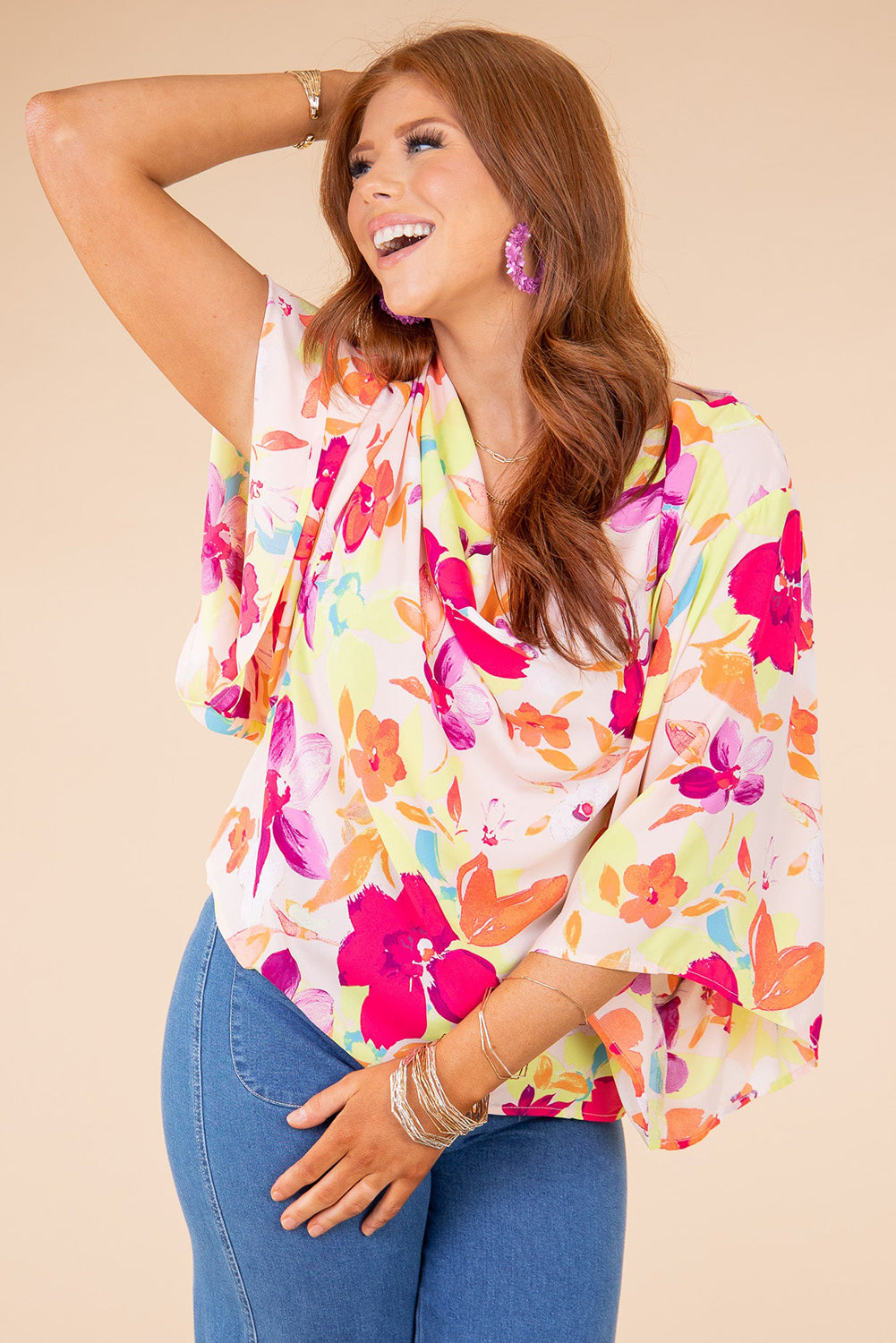 Multicolor Floral Print Cowl Neck Plus Size Blouse Plus Size Tops JT's Designer Fashion