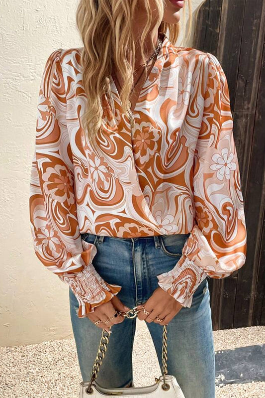 Orange Floral Swirl Printed Bishop Sleeve Surplice Blouse Tops & Tees JT's Designer Fashion