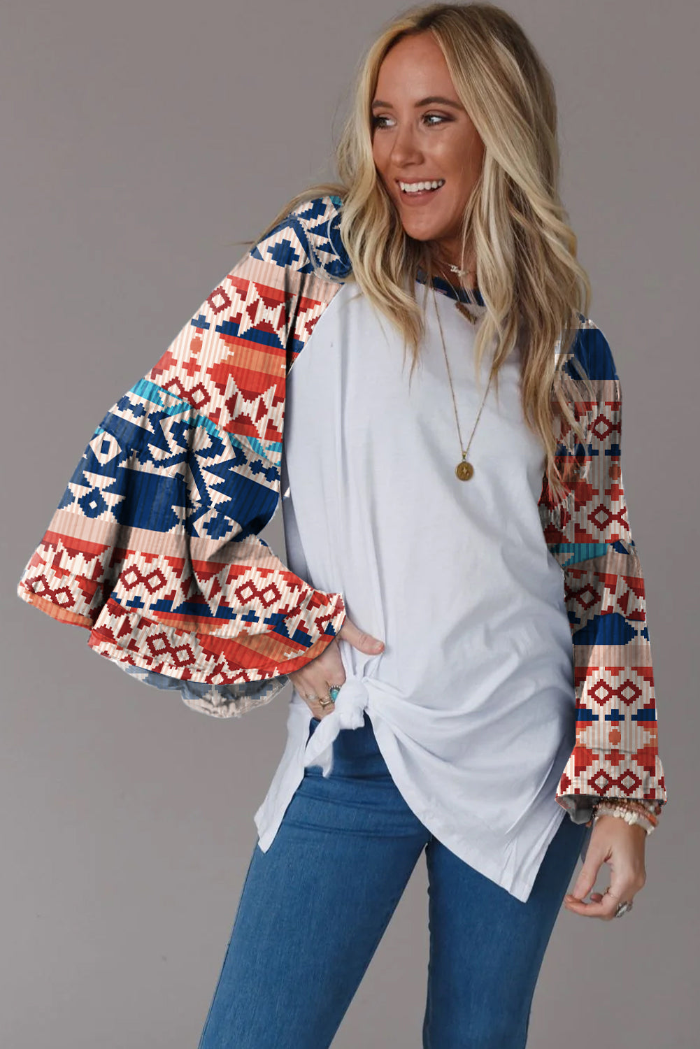 Multicolor Floral/Geometric Print Raglan Sleeve Split Top Tops & Tees JT's Designer Fashion