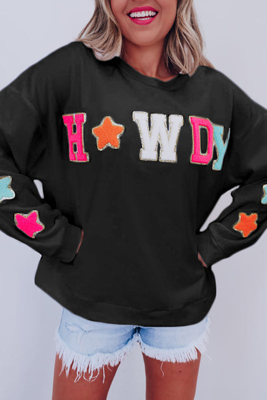 Black Glitter Howdy Patch Graphic Casual Sweatshirt Pre Order Sweatshirts & Hoodies JT's Designer Fashion