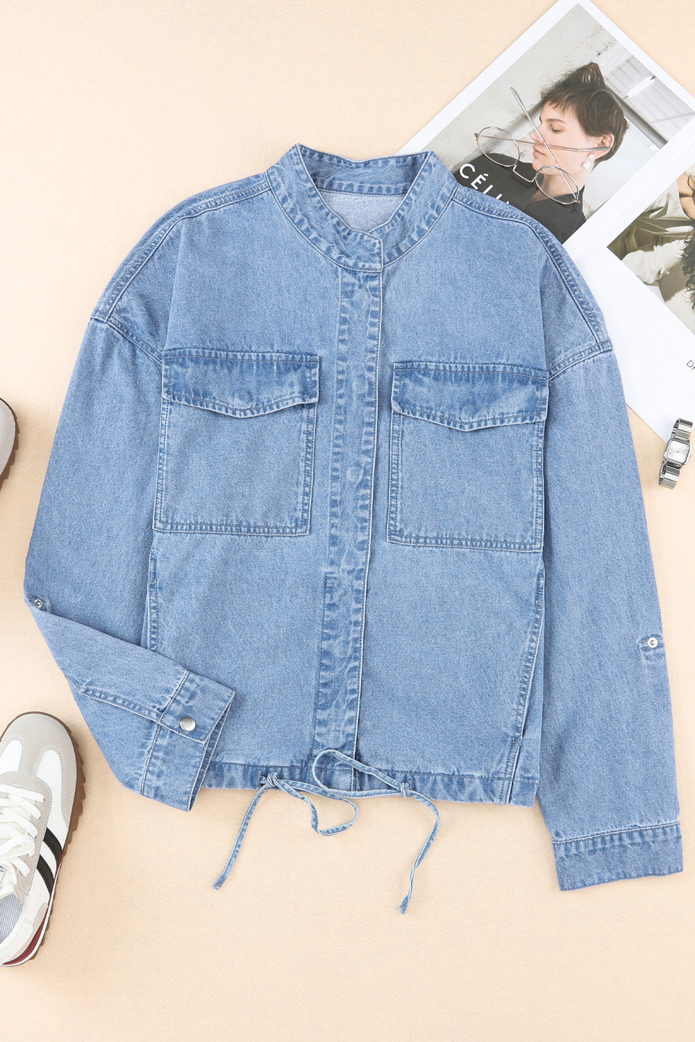 Sky Blue Roll-Up Tab Sleeve Snap Button Pocket Denim Jacket Denim jackets JT's Designer Fashion