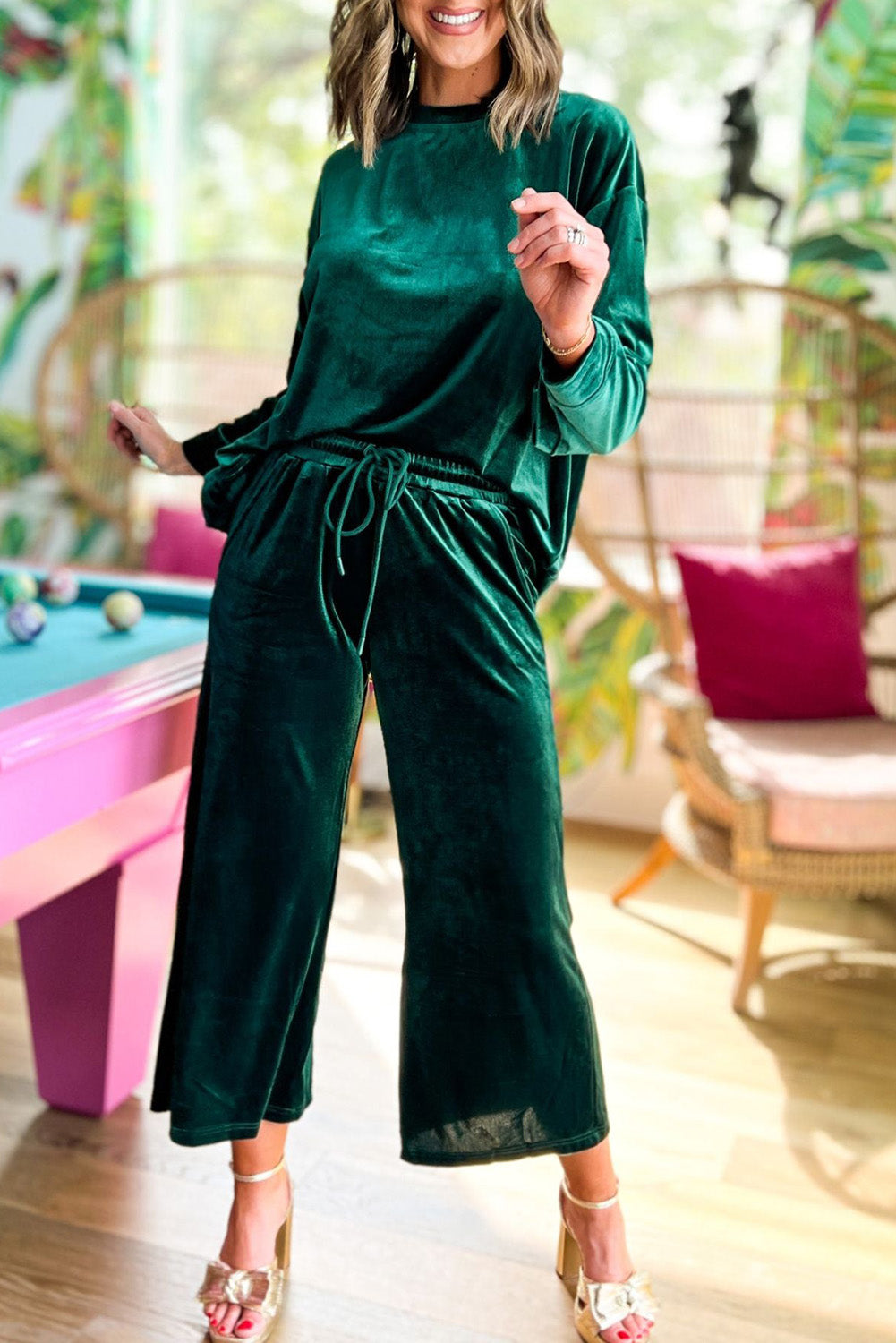 Blackish Green Velvet Long Sleeve Wide Leg Crop Pants Set Bottoms JT's Designer Fashion