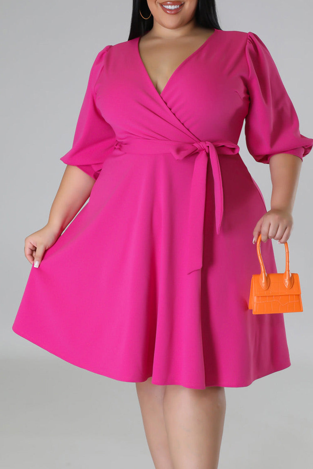 Rose Plus Size V Neck Wrap Puff Sleeve Dress Plus Size JT's Designer Fashion